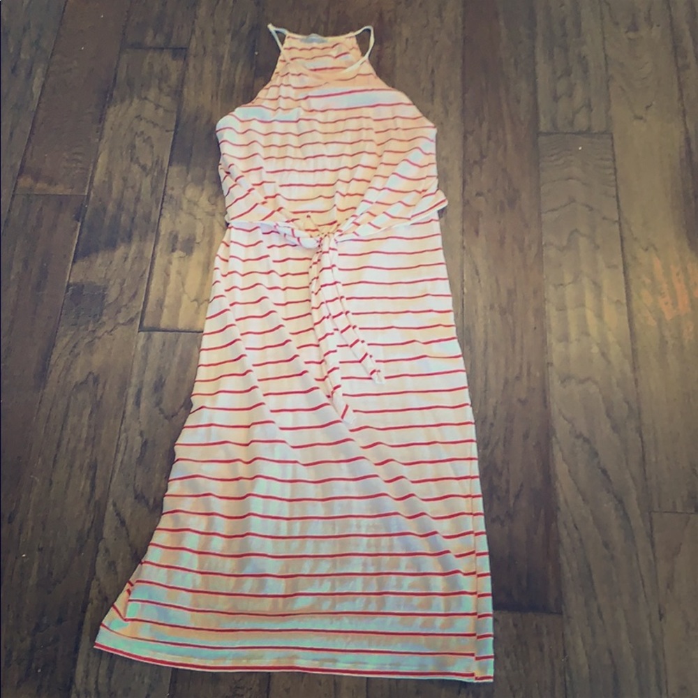 Zara red and white striped maxi dress with tie